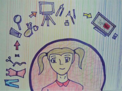 فتاة مع تلفزيون، ملابس، تلفزيون، مكياج، رسم